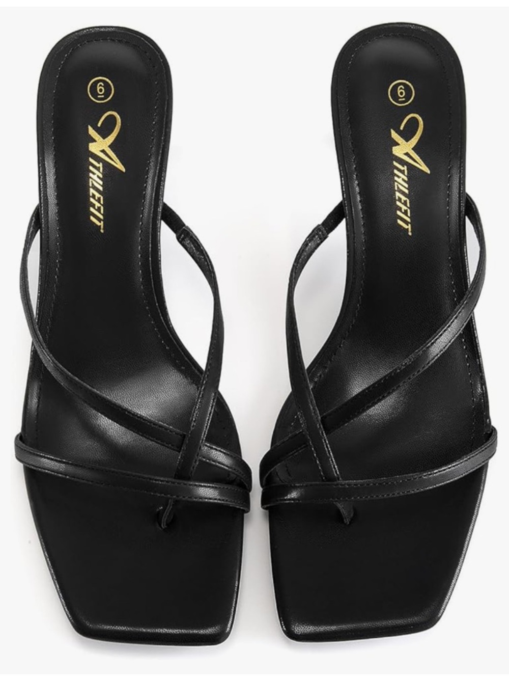 Black Strappy Square-Toe Heeled Slides